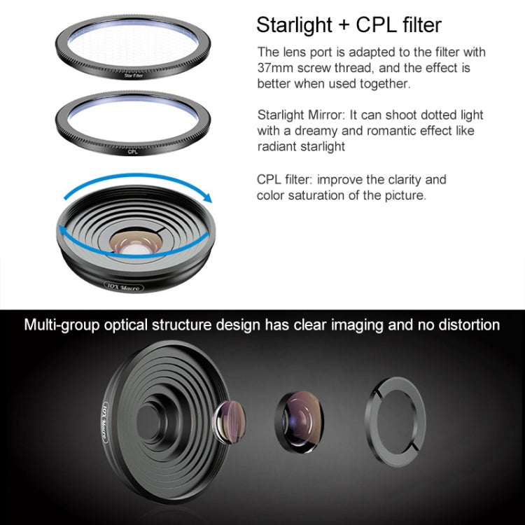 APEXEL APL-HB10X Macro Lens Telephoto Clip + Star Light Filter + CPL Phone Lens Kit, APL-HB10X APEXEL APL-HB10X Macro Lens Telephoto Clip + Star Light Filter + CPL Phone Lens Kit, APL-HB10X