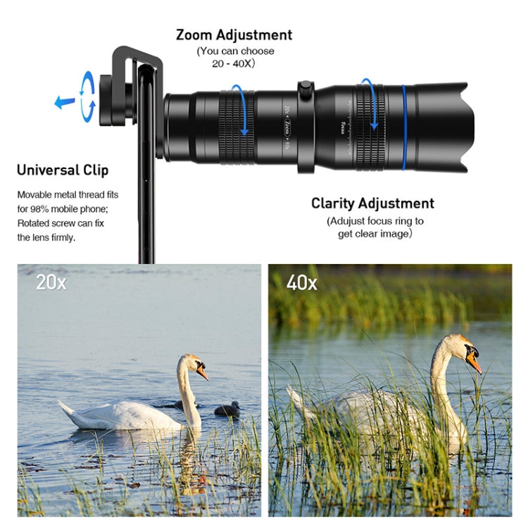 APEXEL APL-20-40XJJ04 20-40X HD External Dual-adjustment Zoom Telescope Universal Telephoto Phone Lens, APL-20-40XJJ04 APEXEL APL-20-40XJJ04 20-40X HD External Dual-adjustment Zoom Telescope Universal Telephoto Phone Lens, APL-20-40XJJ04