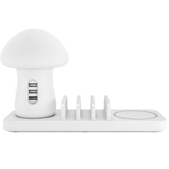 HQ-UD12 Universal 4 in 1 40W QC3.0 3 USB Ports + Wireless Charger Mobile Phone Charging Station with Mushroom Shape LED Light, Length: 1.2m, US Plug