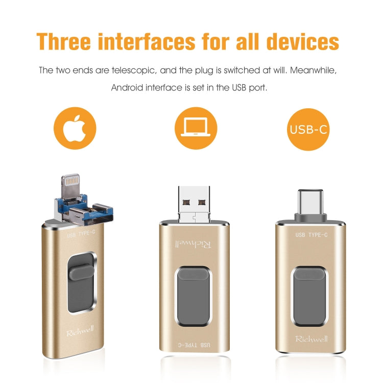Richwell 3 in 1 128G Typ-C + 8 Pin + USB 3.0 Metall Push-Pull Flash Disk mit OTG Funktion Richwell 3 in 1 128G Typ-C + 8 Pin + USB 3.0 Metall Push-Pull Flash Disk mit OTG Funktion