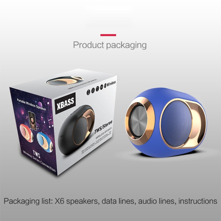 Altavoz Bluetooth inalámbrico X6 TWS de 5 W para exteriores, resistente al agua y con graves, compatible con manos libres, USB, AUX y tarjeta TF Altavoz Bluetooth inalámbrico X6 TWS de 5 W para exteriores, resistente al agua y con graves, compatible con manos libres, USB, AUX y tarjeta TF
