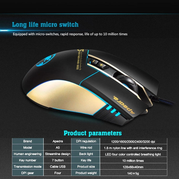 Ratón para juegos de alta precisión Apedra iMICE A5, luz LED de cuatro colores controlada por respiración, USB, 7 botones, 3200 DPI, ratón óptico para juegos con cable para computadora, PC, portátil, iMICE A5 Ratón para juegos de alta precisión Apedra iMICE A5, luz LED de cuatro colores controlada por respiración, USB, 7 botones, 3200 DPI, ratón óptico para juegos con cable para computadora, PC, portátil, iMICE A5