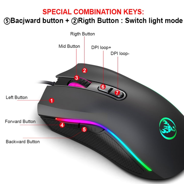 HXSJ A869 Type-C 7200dpi 6-modes Adjustable 7-keys RGB Light Wired Game Mouse, A869RGB-TYPE-C HXSJ A869 Type-C 7200dpi 6-modes Adjustable 7-keys RGB Light Wired Game Mouse, A869RGB-TYPE-C