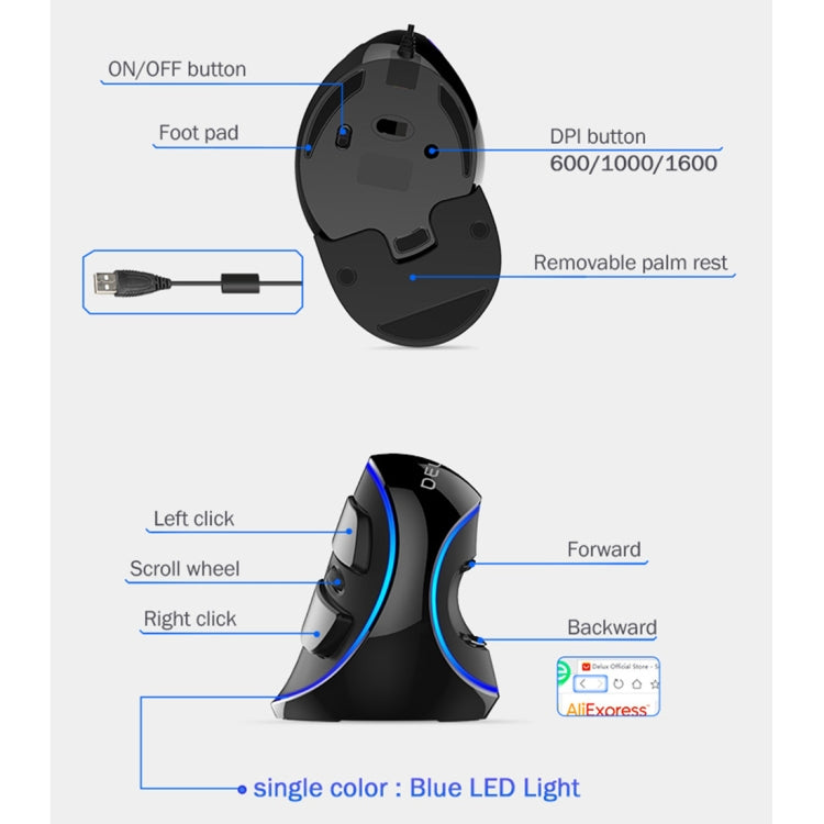 DELUX M618 Plus Wired Blue Version Optical Mouse Ergonomic Vertical Mouse 1600DPI, 1600DPI Wired DELUX M618 Plus Wired Blue Version Optical Mouse Ergonomic Vertical Mouse 1600DPI, 1600DPI Wired