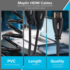 Maplin Thin HDMI to HDMI 4K Ultra HD Cable with Ethernet & Gold Connectors - Black, 3m