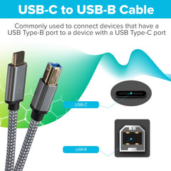 Maplin USB-C to USB-B Braided Cable - Silver, 2m