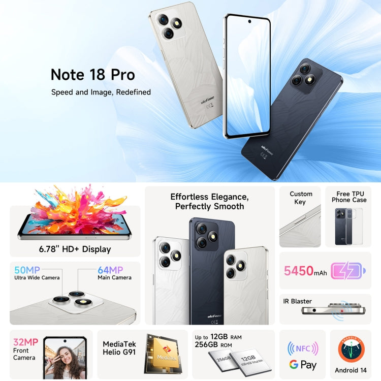 Ulefone Note 18 Pro, 6GB+256GB, Face ID y huella dactilar lateral, 6.78 pulgadas Android 14 MediaTek Helio G91 MTK6769 Octa Core, Red: 4G, Dual SIM, OTG, NFC Ulefone Note 18 Pro, 6GB+256GB, Face ID y huella dactilar lateral, 6.78 pulgadas Android 14 MediaTek Helio G91 MTK6769 Octa Core, Red: 4G, Dual SIM, OTG, NFC
