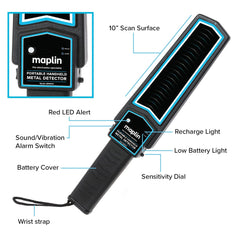 Maplin Handheld 10" Metal Detector Wand Body Scanner with Beep/Vibration Alerts & LED Light