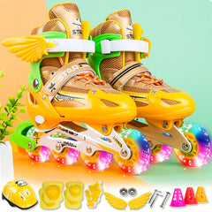 Adjustable Children Full Flash Single Four-wheel Roller Skates Skating Shoes Set, Size : S, Size : S (Gold), Size : S (Blue), Size : S (Red), Size : S (Pink)