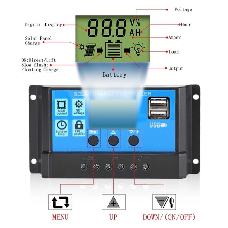 Controlador de carga/descarga solar CMTD-2420 de 20 A, 12 V/24 V, con pantalla LED y dos puertos USB Controlador de carga/descarga solar CMTD-2420 de 20 A, 12 V/24 V, con pantalla LED y dos puertos USB