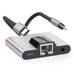 NK-1056Pro 3 in 1 8-polig + USB-C/Typ-C-Stecker auf 8-poligen Ladeanschluss + Ethernet + 3,5-mm-Kopfhörerbuchsenadapter, NK-1056Pro
