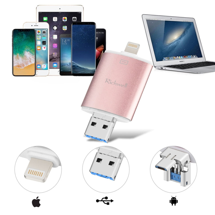 Disco flash push-pull de doble cubierta de metal Richwell 3 en 1 64G tipo C + 8 pines + USB 3.0 con función OTG Disco flash push-pull de doble cubierta de metal Richwell 3 en 1 64G tipo C + 8 pines + USB 3.0 con función OTG