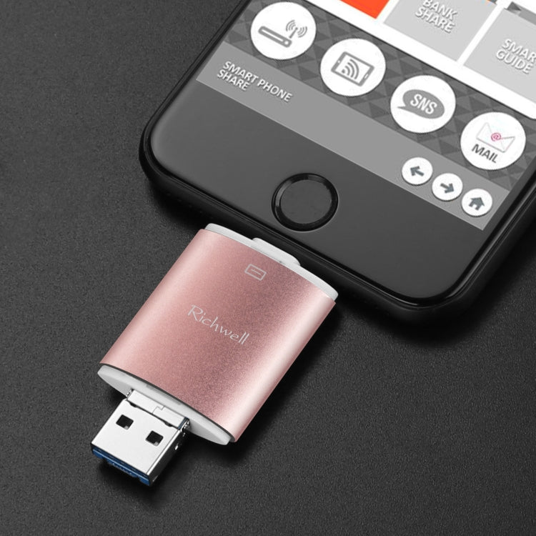 Disco flash push-pull de doble cubierta de metal Richwell 3 en 1 64G tipo C + 8 pines + USB 3.0 con función OTG Disco flash push-pull de doble cubierta de metal Richwell 3 en 1 64G tipo C + 8 pines + USB 3.0 con función OTG