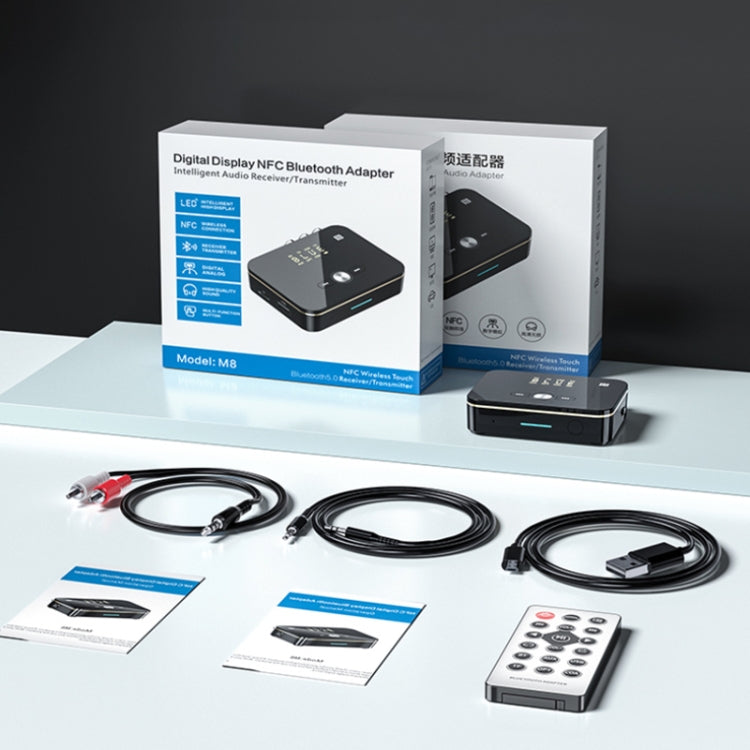 Transmisor y receptor de audio óptico coaxial NFC M8 2 en 1 con Bluetooth 5.0 y pantalla digital, M8 Transmisor y receptor de audio óptico coaxial NFC M8 2 en 1 con Bluetooth 5.0 y pantalla digital, M8