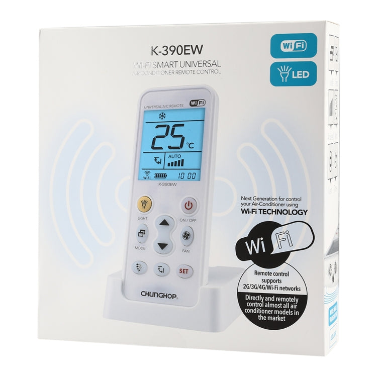 CHUNGHOP K-390EW WiFi Smart Universal-Klimaanlagen-Fernbedienung mit Hintergrundbeleuchtung und LED-Licht und Sockel, unterstützt 2G-/3G-/4G-/WiFi-Netzwerk, EU-Stecker, PC6933, PC6933EU CHUNGHOP K-390EW WiFi Smart Universal-Klimaanlagen-Fernbedienung mit Hintergrundbeleuchtung und LED-Licht und Sockel, unterstützt 2G-/3G-/4G-/WiFi-Netzwerk, EU-Stecker, PC6933, PC6933EU