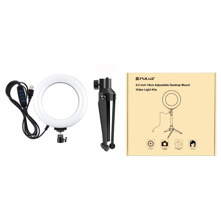 PULUZ 6.2 inch 16cm USB 3 Modes Dimmable LED Ring Vlogging Photography Video Lights + Desktop Tripod Holder with Cold Shoe Tripod Ball Head, Tripod Mount+6.2 inch Light PULUZ 6.2 inch 16cm USB 3 Modes Dimmable LED Ring Vlogging Photography Video Lights + Desktop Tripod Holder with Cold Shoe Tripod Ball Head, Tripod Mount+6.2 inch Light