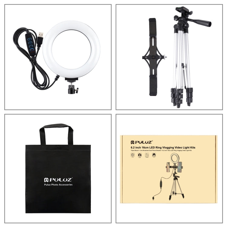 PULUZ Tripod Mount +  Live Broadcast Dual Phone Bracket + 6.2 inch 16cm LED Ring Vlogging Video Light Kits, 3 in 1 PULUZ Tripod Mount +  Live Broadcast Dual Phone Bracket + 6.2 inch 16cm LED Ring Vlogging Video Light Kits, 3 in 1
