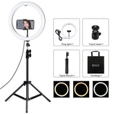 PULUZ 11.8 inch 30cm Light + 1.1m Tripod Mount Curved Surface USB 3 Modes Dimmable Dual Color Temperature LED Ring Vlogging Video Light Live Broadcast Kits with Phone Clamp
