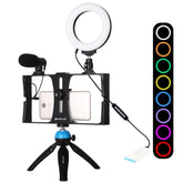 PULUZ 4 in 1 Vlogging Live Broadcast Smartphone Video Rig + 4.7 inch 12cm RGBW Ring LED Selfie Light + Microphone + Pocket Tripod Mount Kits with Cold Shoe Tripod Head