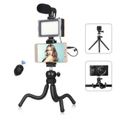 PULUZ 4 in 1 Vlogging Live Mini Octopus Bracket Kit + Studio Light + Microphone + Phone Clamp Kits