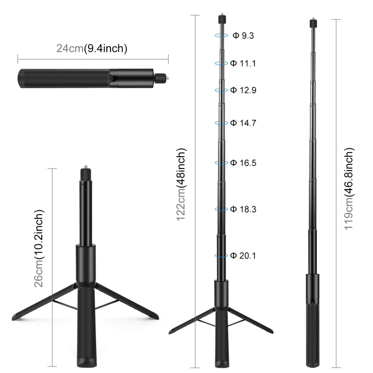PULUZ 1.22m Retractable Invisible Selfie Stick with Tripod For Insta360 X4 / X3 PULUZ 1.22m Retractable Invisible Selfie Stick with Tripod For Insta360 X4 / X3