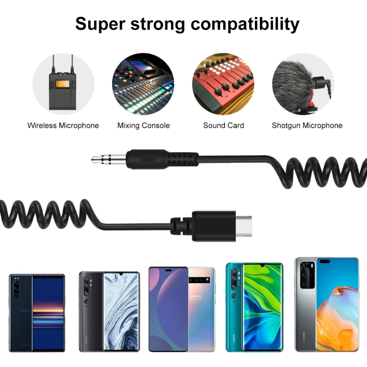 PULUZ 3.5 mm TRRS macho a tipo C / USB-C macho Adaptador de audio para micrófono en vivo Cable en espiral con resorte para Samsung, Huawei y teléfonos inteligentes, cable que se extiende hasta 100 cm, 3.5 mm macho a tipo C PULUZ 3.5 mm TRRS macho a tipo C / USB-C macho Adaptador de audio para micrófono en vivo Cable en espiral con resorte para Samsung, Huawei y teléfonos inteligentes, cable que se extiende hasta 100 cm, 3.5 mm macho a tipo C