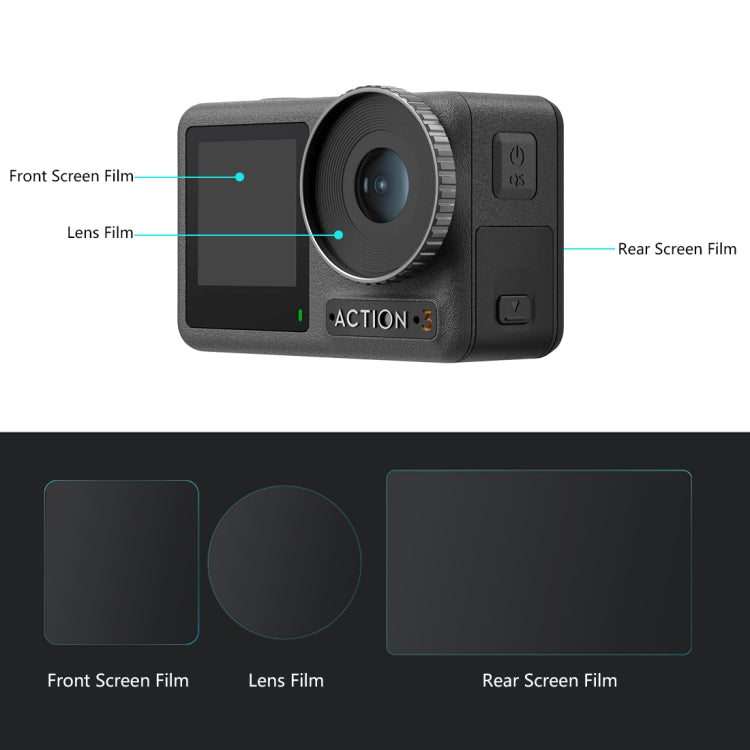 For DJI Osmo Action 3  PULUZ 3-in-1 Lens Front and Back Screen Tempered Glass Explosion-proof Film For DJI Osmo Action 3  PULUZ 3-in-1 Lens Front and Back Screen Tempered Glass Explosion-proof Film