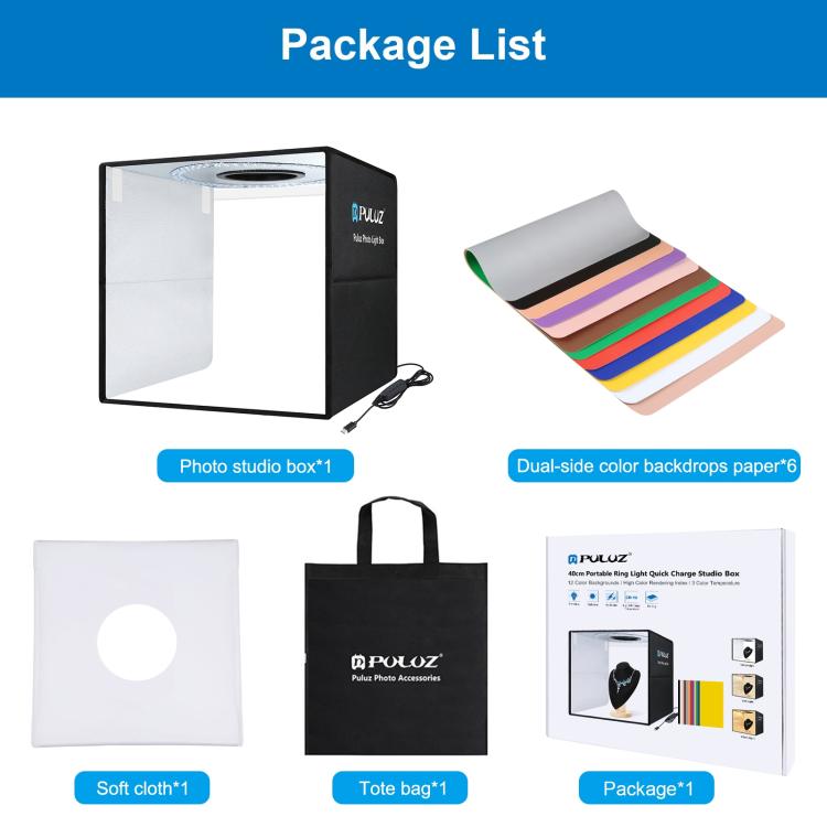 PULUZ 40cm Folding Portable Ring Light PD20W Quick Charge USB Photo Lighting Studio Shooting Tent Box with 6 x Color Backdrops, Size: 40cm x 40cm x 40cm PULUZ 40cm Folding Portable Ring Light PD20W Quick Charge USB Photo Lighting Studio Shooting Tent Box with 6 x Color Backdrops, Size: 40cm x 40cm x 40cm