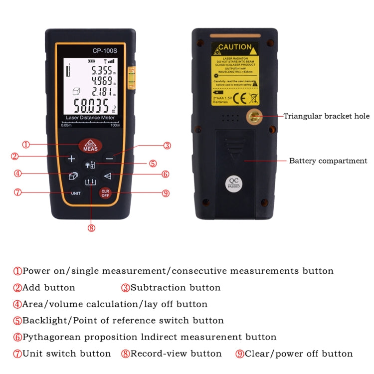CP-100S Digital Handheld Laser Distance Meter, Max Measuring Distance: 100m, 100m CP-100S Digital Handheld Laser Distance Meter, Max Measuring Distance: 100m, 100m