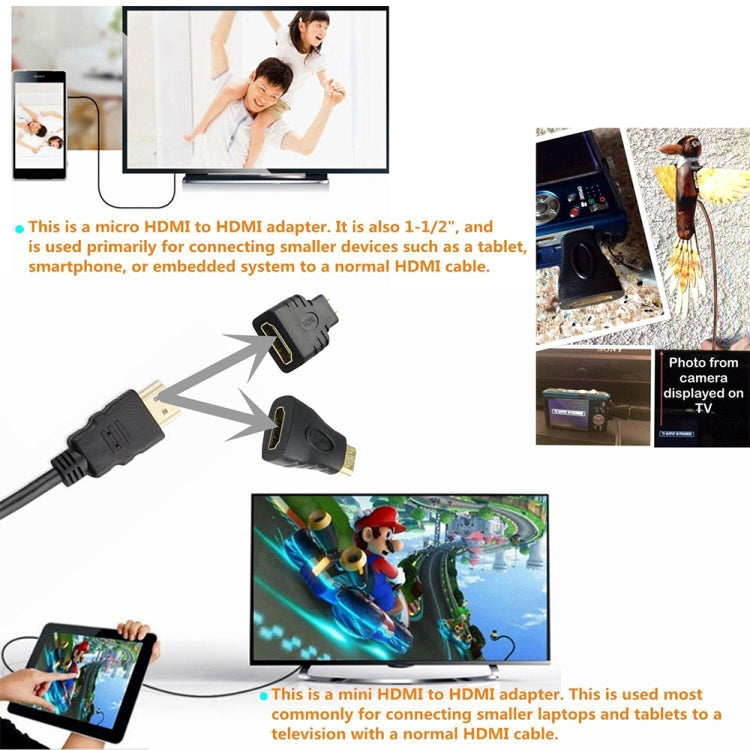 3 in 1 Full HD 1080P HDMI Cable Adaptor Kit (1.5m HDMI Cable + HDMI to Mini HDMI Adaptor + HDMI to Micro HDMI Adaptor) 3 in 1 Full HD 1080P HDMI Cable Adaptor Kit (1.5m HDMI Cable + HDMI to Mini HDMI Adaptor + HDMI to Micro HDMI Adaptor)