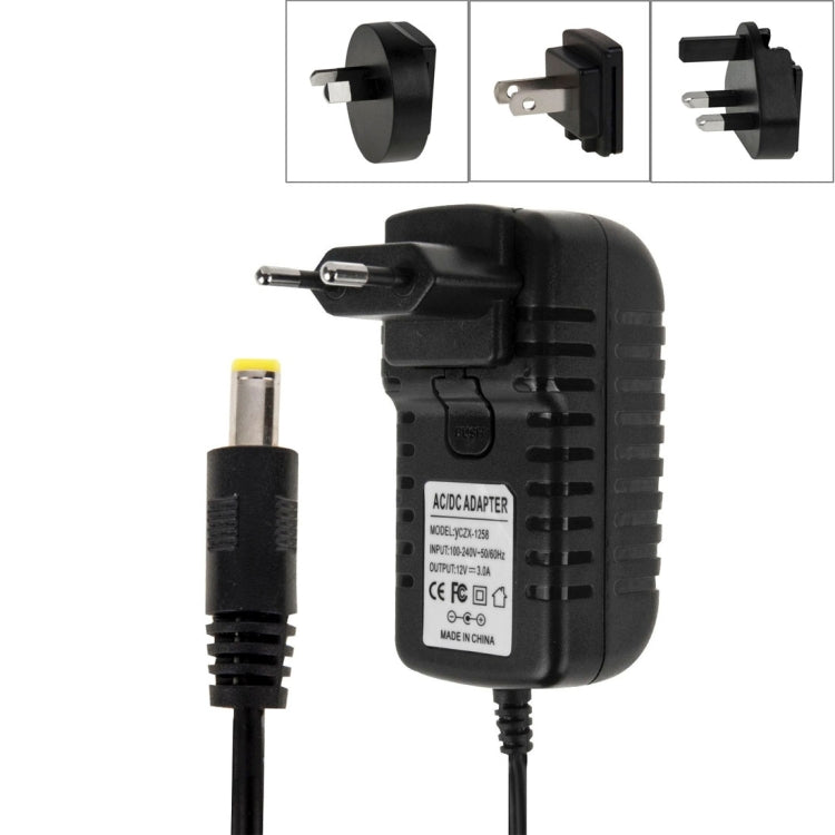 Adaptador de corriente 4 en 1 con enchufe UE + enchufe EE. UU. + enchufe Reino Unido + enchufe AU de CA 100-240 V a CC 12 V 3 A, puntas: 5,5 x 2,1 mm, longitud del cable: aproximadamente 1,2 m, enchufe UE + EE. UU. + Reino Unido + AU