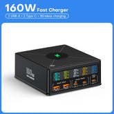 160W 5 Ports USB Charger Staion 15W Wireless Charging PD 65W QC3.0 Type C Fast Charger for iPhone 15 Pro Macbook Samsung Laptop