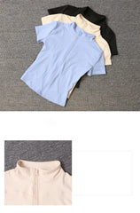 Summer High Quality Waist Slimming Training Tops Women's Quick-drying Tight Stand Collar Full Zipper Short Sleeves Yoga shirts