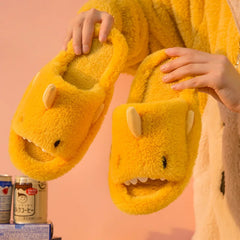 Comwarm Autumn And Winter Cartoon Shark Wool Slippers For Women Soft Home Men's Indoor Household Open Toe Plush Cotton Slippers