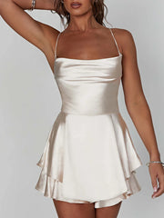 Women Sleeveless Satin Playsuits Fashion Summer Short Sling Backless Jumpsuits Cross Tie-Up Bandage Romper Streetwear Outfit