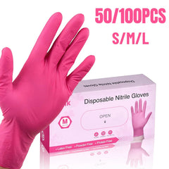50/100PCS Disposable Pink Nitrile Gloves for Hairdressing Manicure Washing Cars Waterproof Dishwashing Kitchen Tools Latex Free