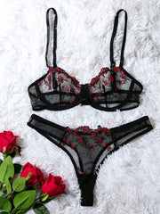 Women Floral Embroidory Underwear Set Sexy Lace Erotic Lingerie Female Bra And Brief Transparent Sensual Push Up Panty Patchwork
