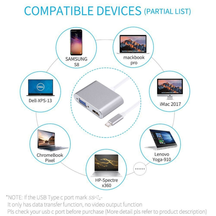 2 in 1 VGA & HDMI Female to USB-C / Type-C Male Hub Splitter Adapter, VGA+HDMI 2 in 1 VGA & HDMI Female to USB-C / Type-C Male Hub Splitter Adapter, VGA+HDMI