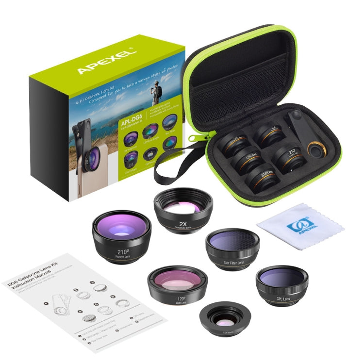APEXEL APL-DG6V2 6 in 1 Universal Externes 2X Telefon + 210 Grad Fisheye + 15X Makro + 120 Grad Weitwinkel + CPL + Sternfilterobjektiv APEXEL APL-DG6V2 6 in 1 Universal Externes 2X Telefon + 210 Grad Fisheye + 15X Makro + 120 Grad Weitwinkel + CPL + Sternfilterobjektiv