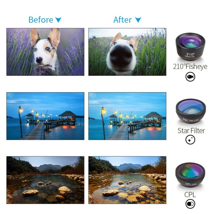 APEXEL APL-DG6V2 6 in 1 Universal Externes 2X Telefon + 210 Grad Fisheye + 15X Makro + 120 Grad Weitwinkel + CPL + Sternfilterobjektiv APEXEL APL-DG6V2 6 in 1 Universal Externes 2X Telefon + 210 Grad Fisheye + 15X Makro + 120 Grad Weitwinkel + CPL + Sternfilterobjektiv