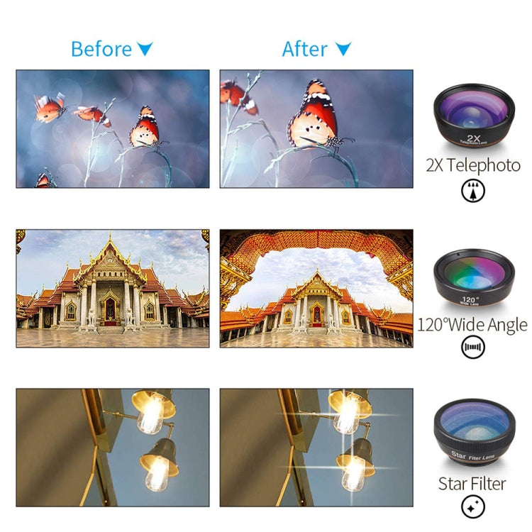 APEXEL APL-DG6V2 6 in 1 Universal Externes 2X Telefon + 210 Grad Fisheye + 15X Makro + 120 Grad Weitwinkel + CPL + Sternfilterobjektiv APEXEL APL-DG6V2 6 in 1 Universal Externes 2X Telefon + 210 Grad Fisheye + 15X Makro + 120 Grad Weitwinkel + CPL + Sternfilterobjektiv