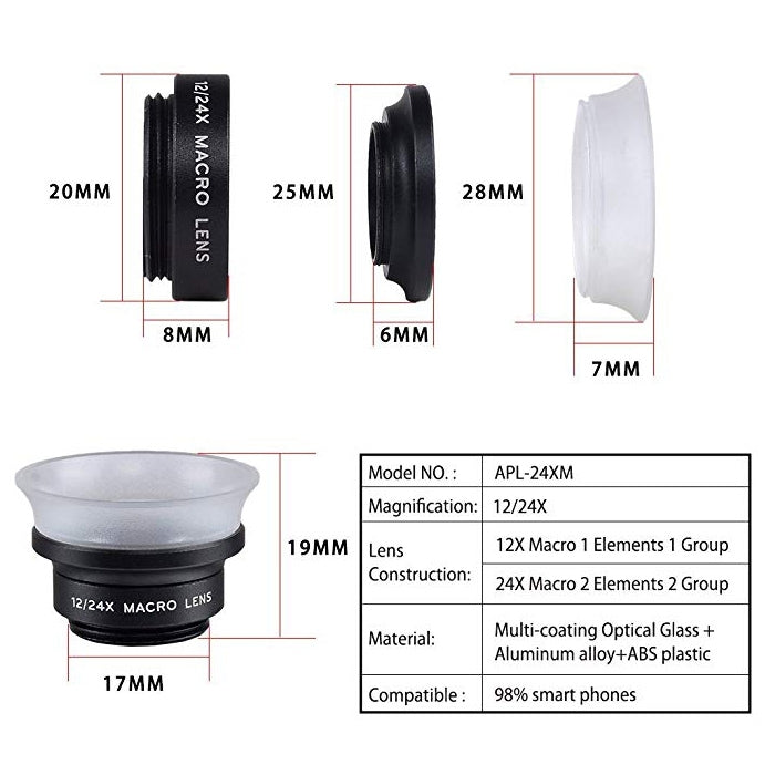 APEXEL APL-24X-H 2 in 1 Universal External 12X & 24X Macro Mobile Phone Lens with Lens Hood APEXEL APL-24X-H 2 in 1 Universal External 12X & 24X Macro Mobile Phone Lens with Lens Hood