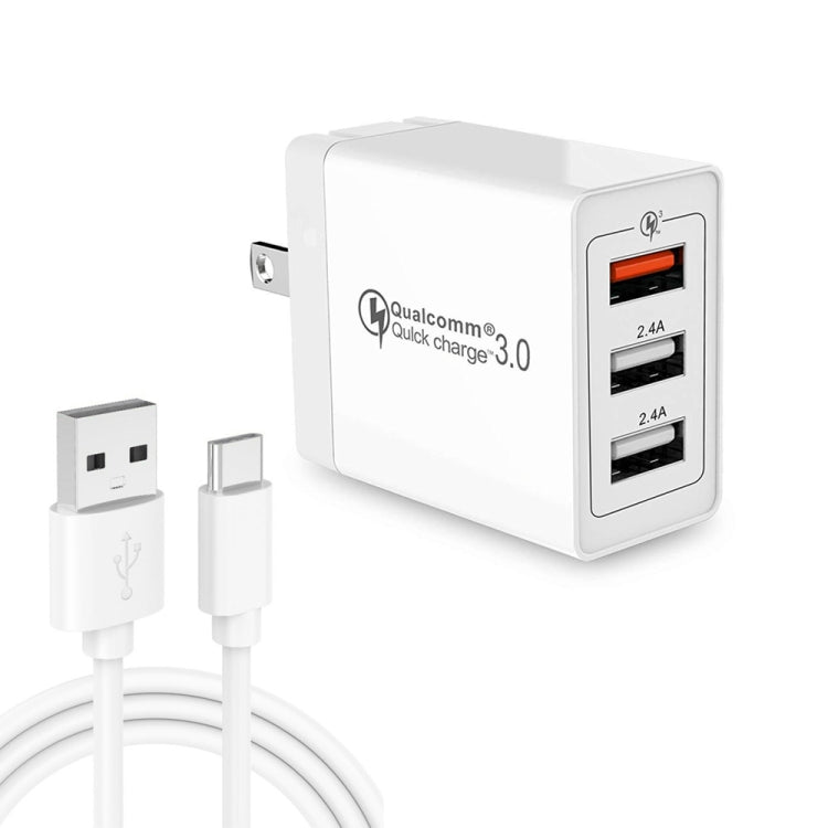 SDC-30W 2 in 1 USB to USB-C / Type-C Data Cable + 30W QC 3.0 USB + 2.4A Dual USB 2.0 Ports Mobile Phone Tablet PC Universal Quick Charger Travel Charger Set, US Plug, with USB-C / Type-C Cable, US Plug