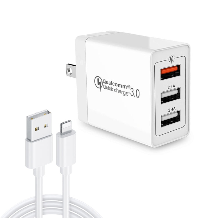 SDC-30W 2 in 1 USB to 8 Pin Data Cable + 30W QC 3.0 USB + 2.4A Dual USB 2.0 Ports Mobile Phone Tablet PC Universal Quick Charger Travel Charger Set,  US Plug, with 8 Pin Cable, US Plug