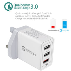 SDC-30W 2 in 1 USB to 8 Pin Data Cable + 30W QC 3.0 USB + 2.4A Dual USB 2.0 Ports Mobile Phone Tablet PC Universal Quick Charger Travel Charger Set,  UK Plug, with 8 Pin Cable, UK Plug