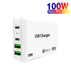 PD 100W Dual USB-C / Type-C + Dual USB 4-port Charger with Power Cable for Apple / Huawei / Samsung Laptop