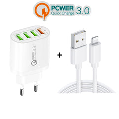 QC-04 QC3.0 + 3 x USB2.0 Multi-Port-Ladegerät mit 3A USB auf 8-Pin-Datenkabel, EU-Stecker, EU-Stecker + 8-Pin-Kabel