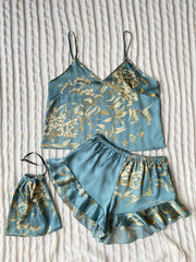 Elegant Floral Print Cami Tops Ruffle Hem Shorts Pajama Set Women's Sleepwear Loungewear