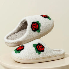 Women's Slippers Valentine's Day Rose Embroidery Fuzzy Romantic Love Comfy Flat Girl Valentine Gift Winter Home Shoes