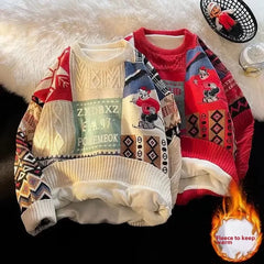 Christmas Sweater Men's Winter Loose-fit Casual Style Knitted Top Jacket American Vintage Fleece-lined Thickened Line Clothes